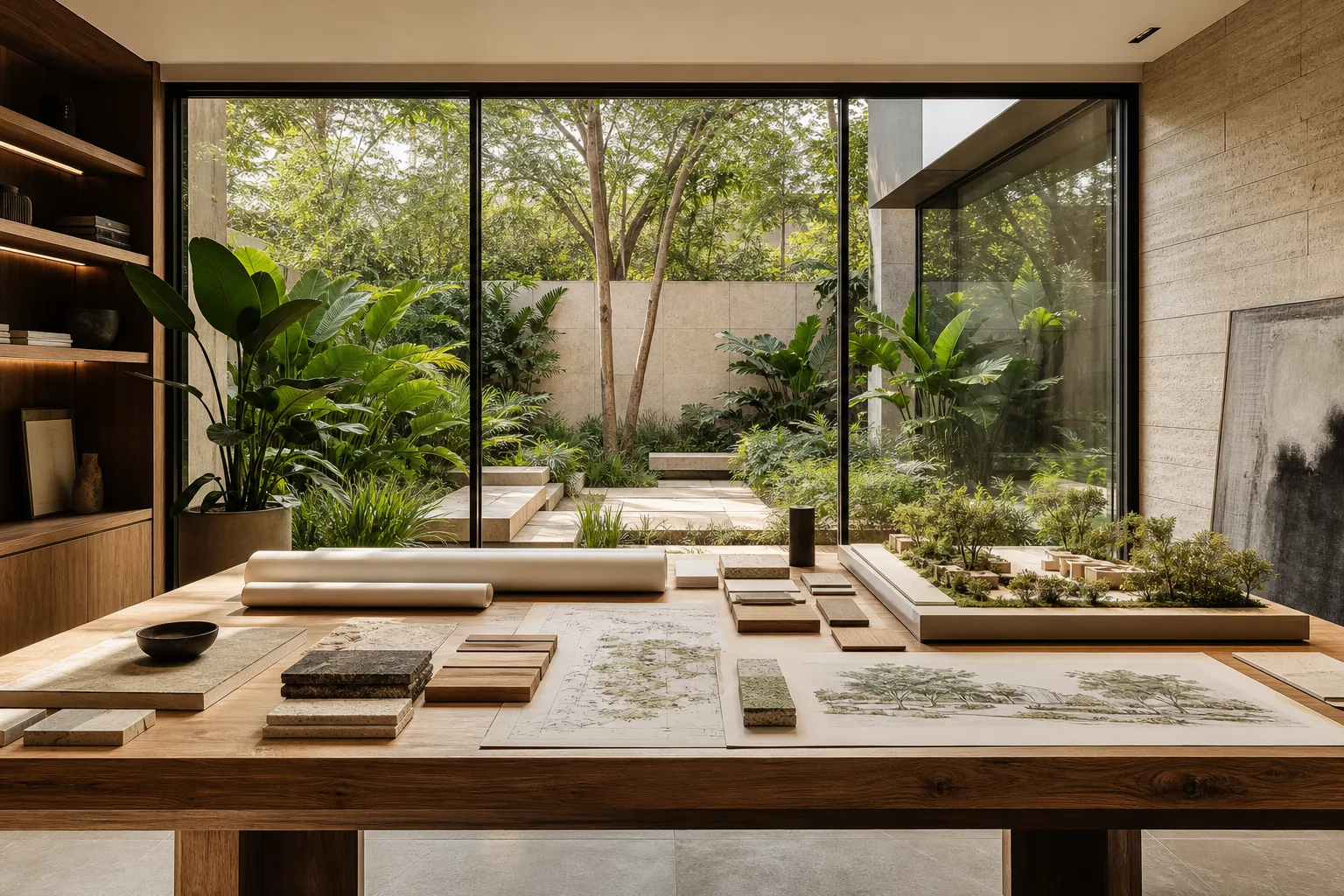 Landscape design studio material table and courtyard