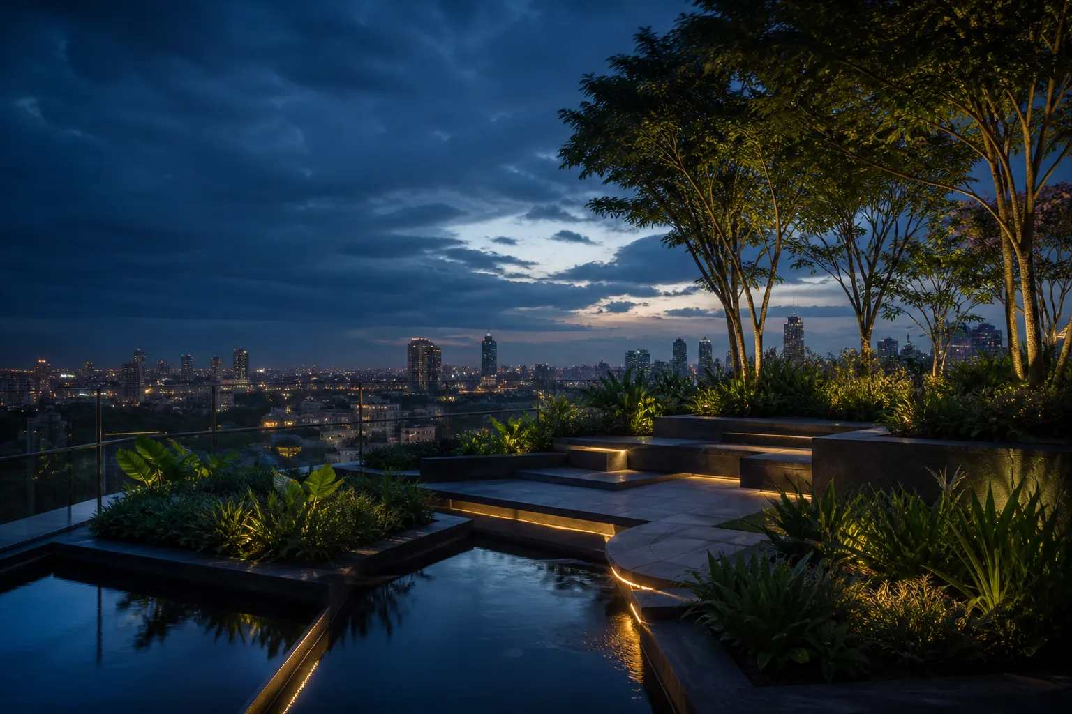 Layered rooftop planting overlooking the city