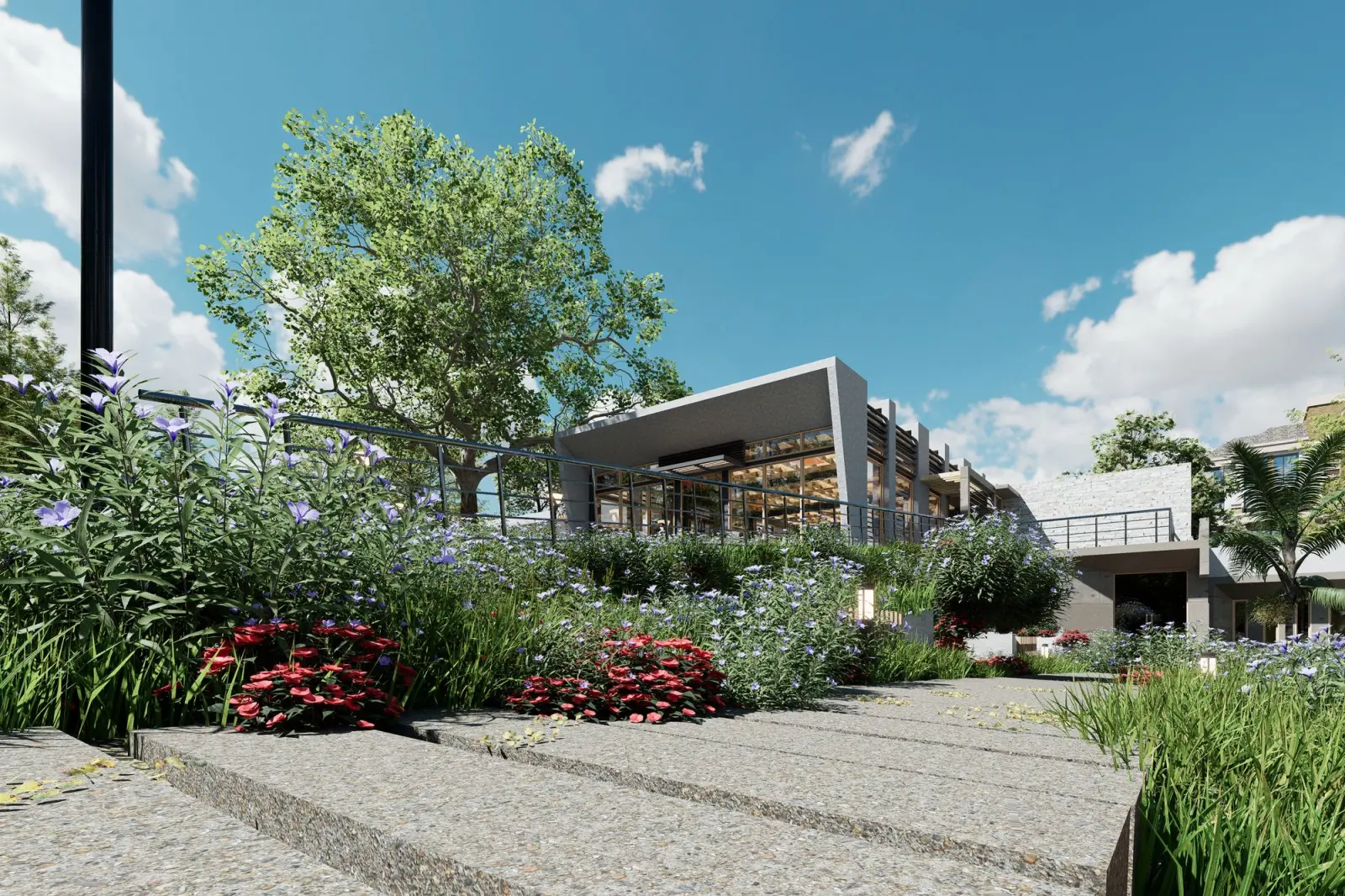 Modern commercial architecture in a landscaped setting