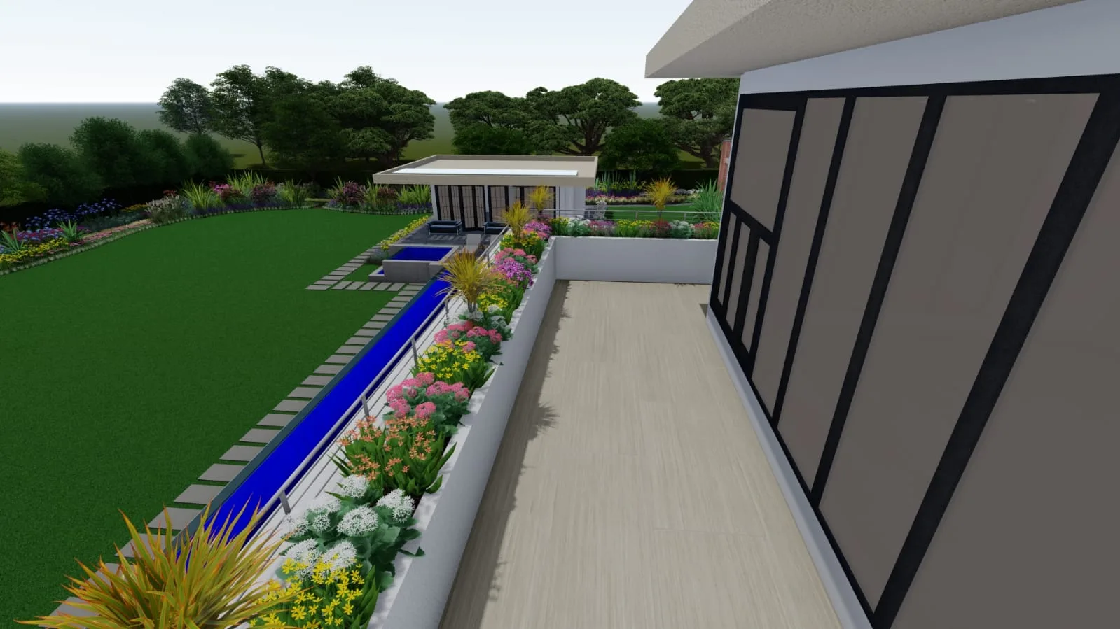 Contemporary courtyard garden at dusk