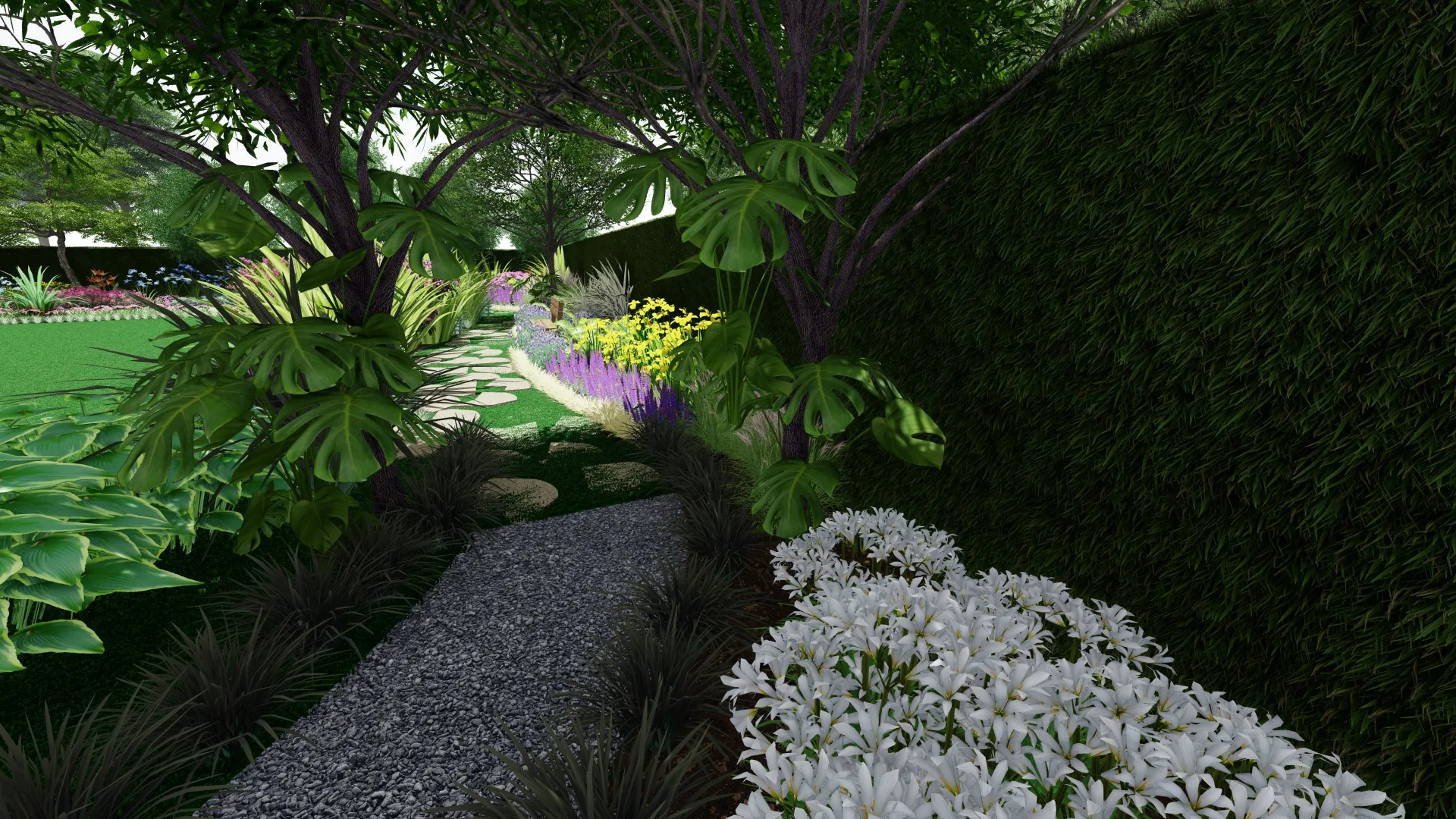 Contemporary courtyard garden at dusk