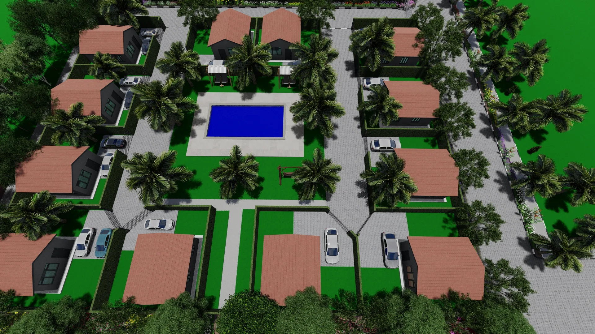 Visual study of a landscaped estate arrival